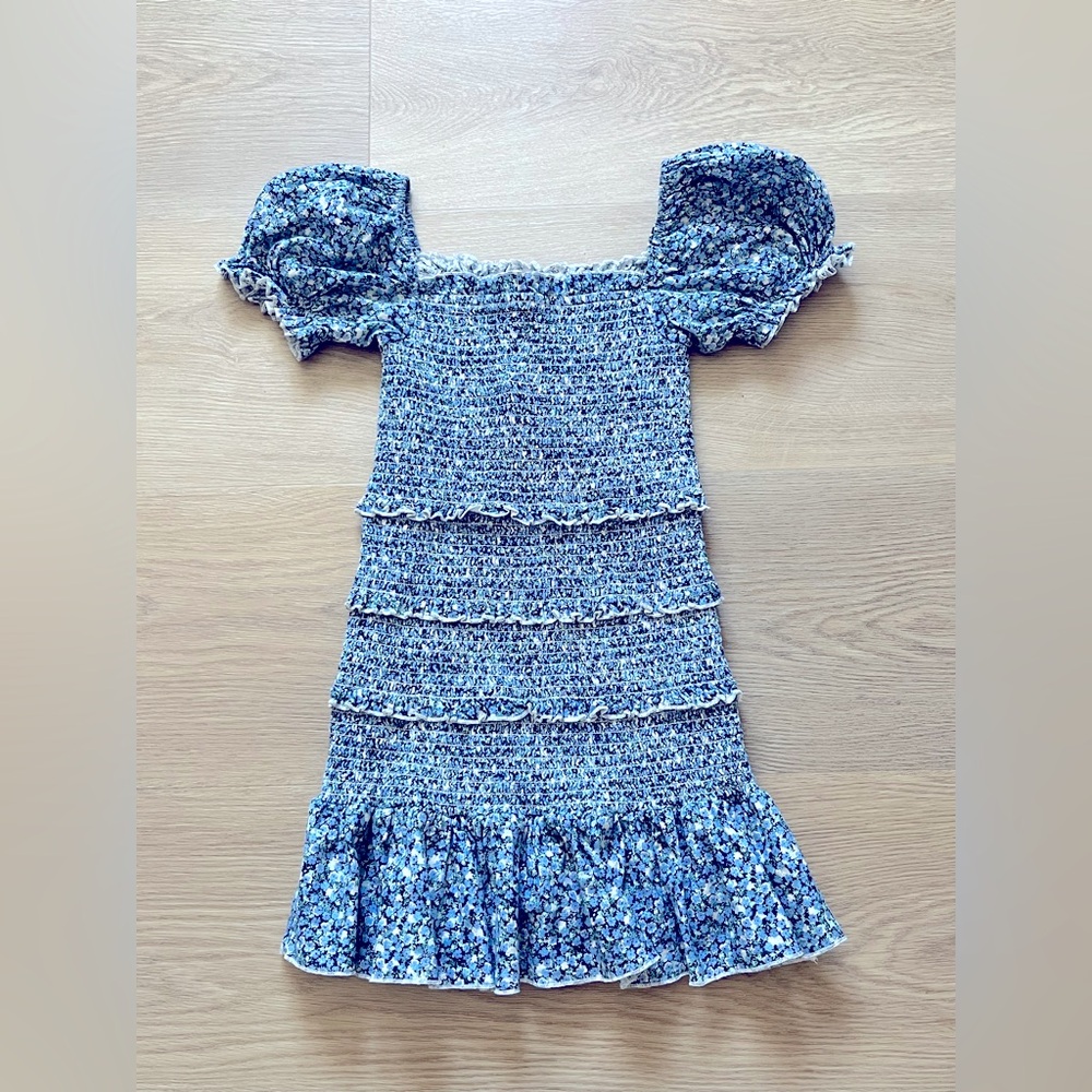 Katie J NYC Blue Floral Smocked Puff Sleeve Dress
